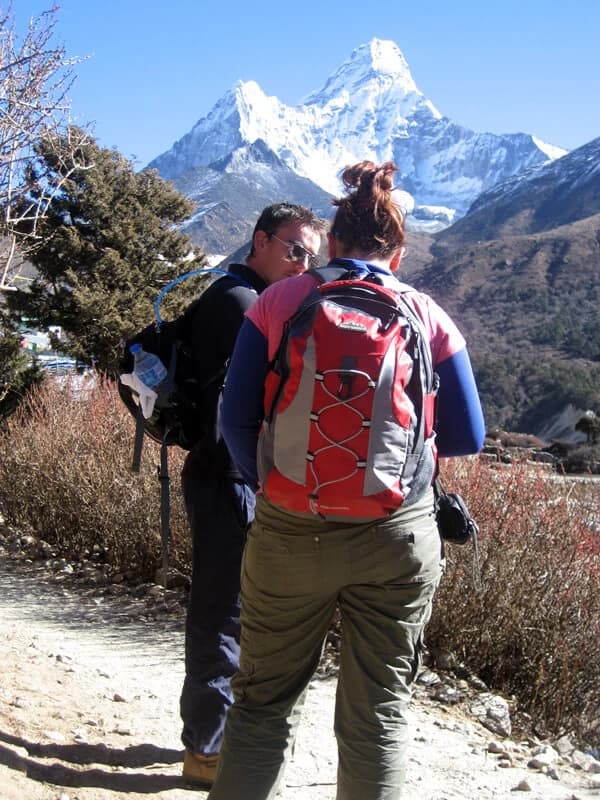 Trekkers and Amadablam in the back ground as seen from Pangboche