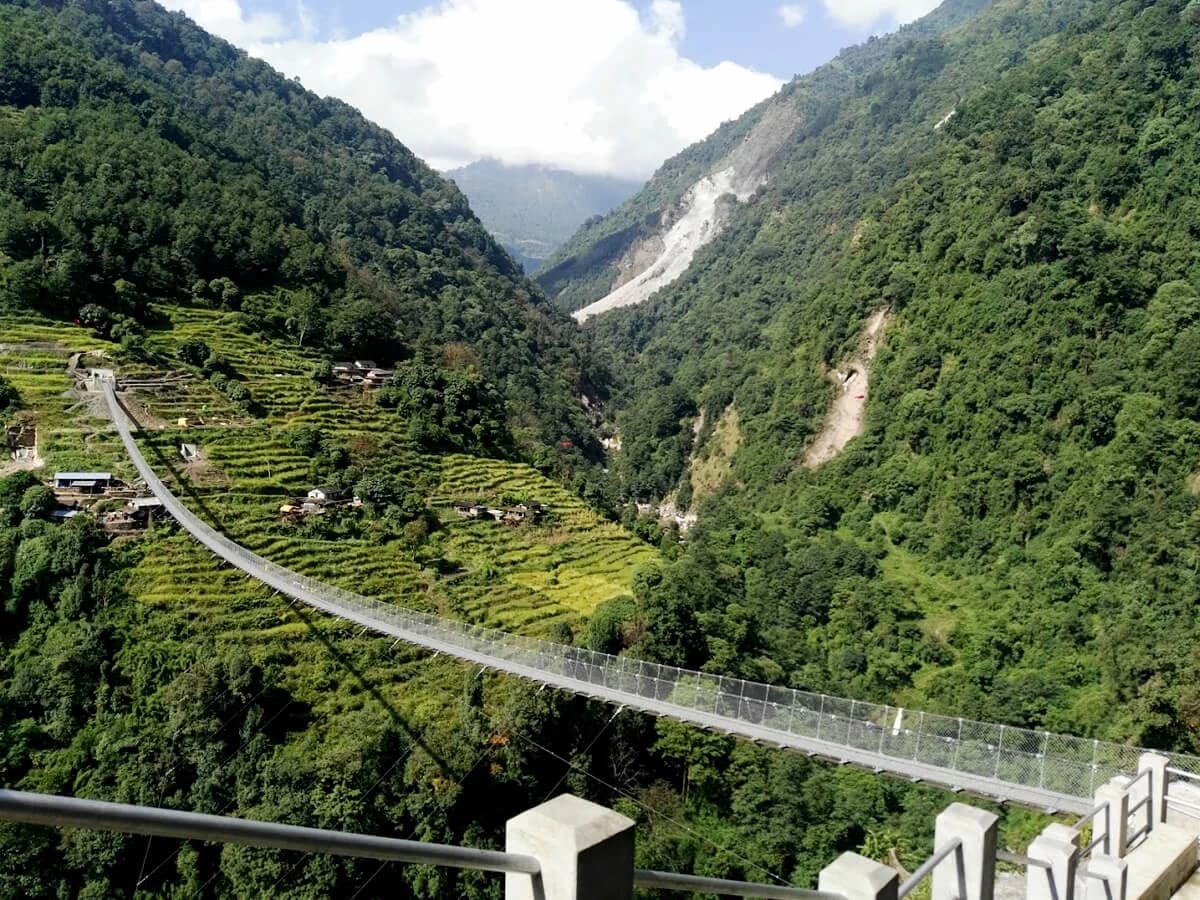 Long hanging bridge at Jhinu on route to Annapurna Base Camp