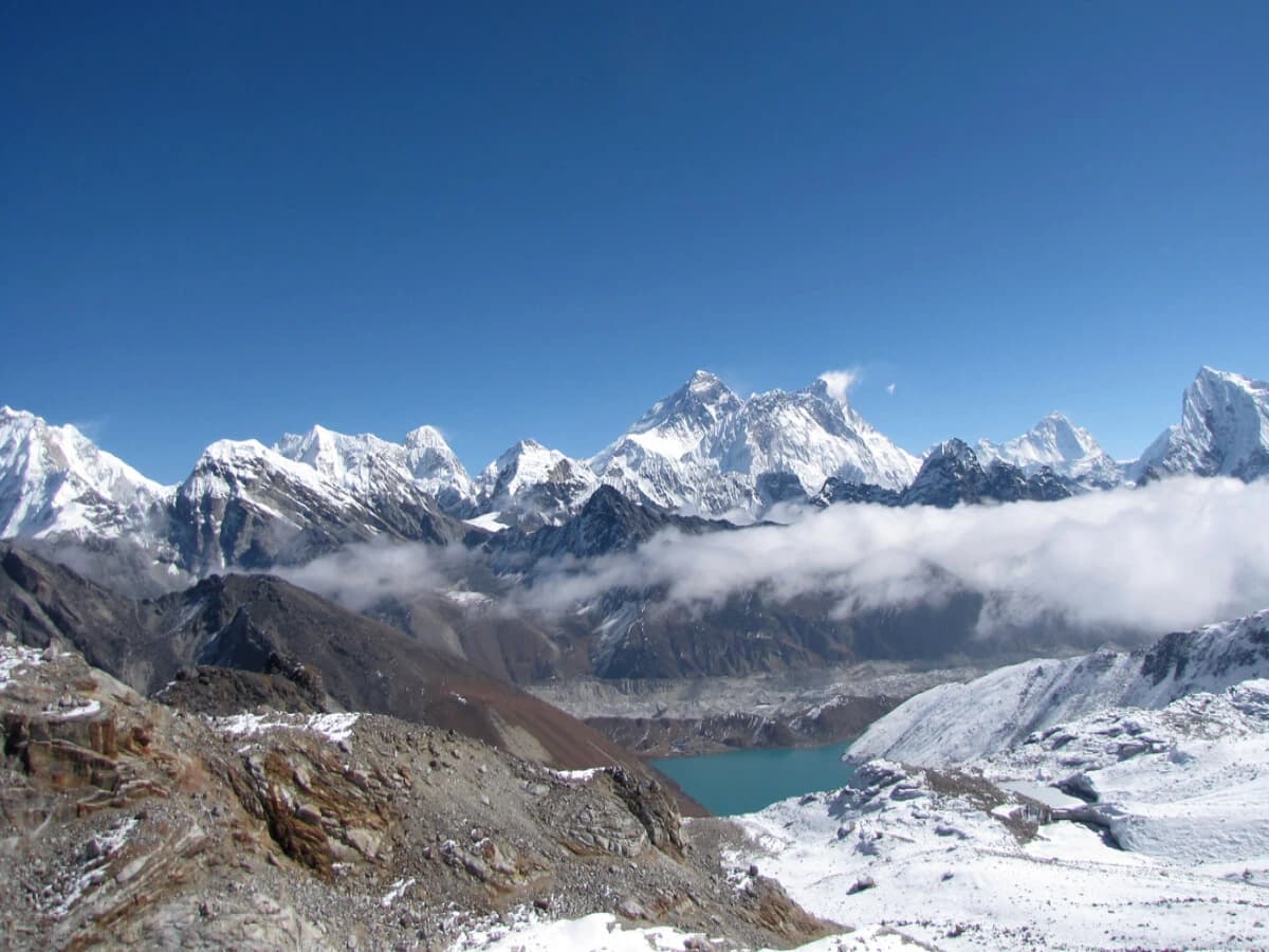 Mount Everest and Gokyo Lake down in the valley
